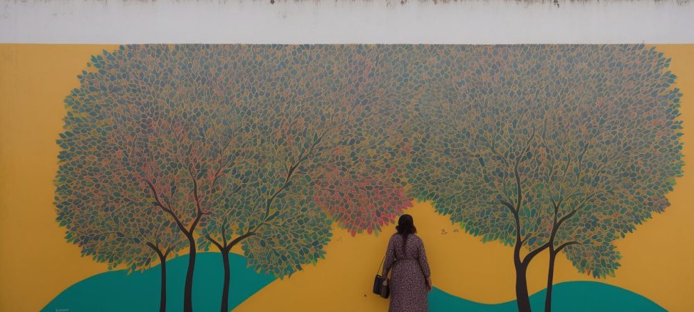 Cena urbana vibrante com mural colorido, artista criando obra e interação social, destacando arte como comunicação