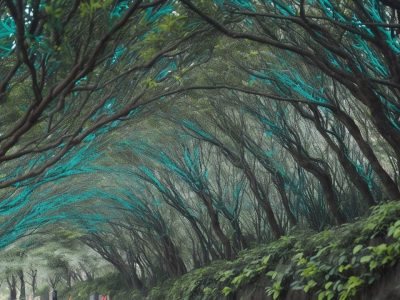 Galeria vibrante e interativa com murais coloridos e esculturas, iluminada para realçar a arte como forma de comunicação