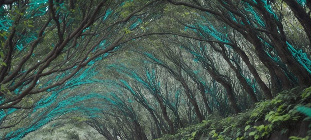 Galeria vibrante e interativa com murais coloridos e esculturas, iluminada para realçar a arte como forma de comunicação