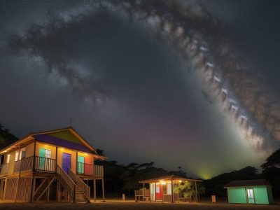 Galeria de arte com murais coloridos e tela digital, visitantes interagem com arte como comunicação.