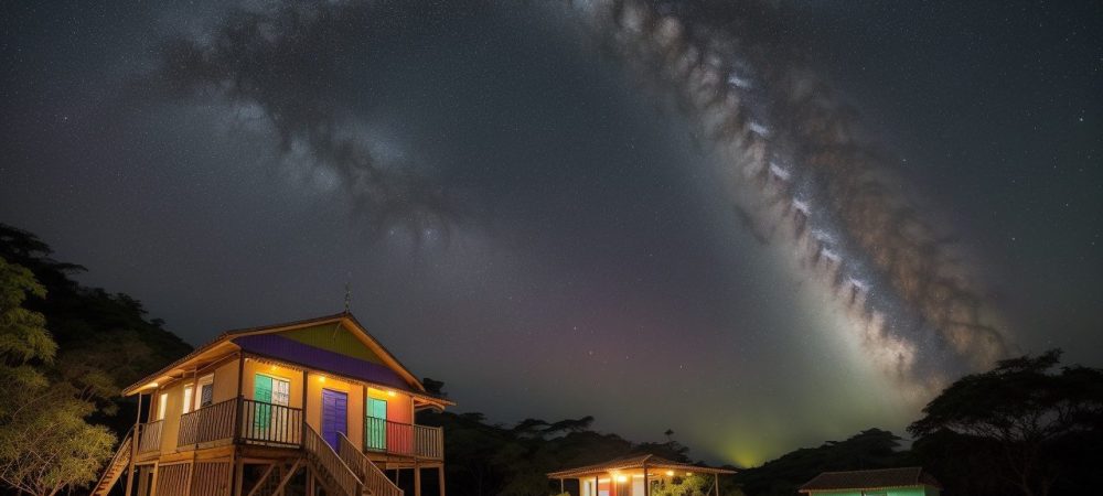 Galeria de arte com murais coloridos e tela digital, visitantes interagem com arte como comunicação.