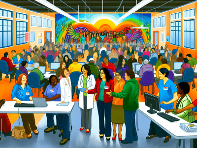 Centro de assistência social com profissionais, incluindo psicólogos, interagindo em ambiente acolhedor e inclusivo, destacando princípios do SUAS.