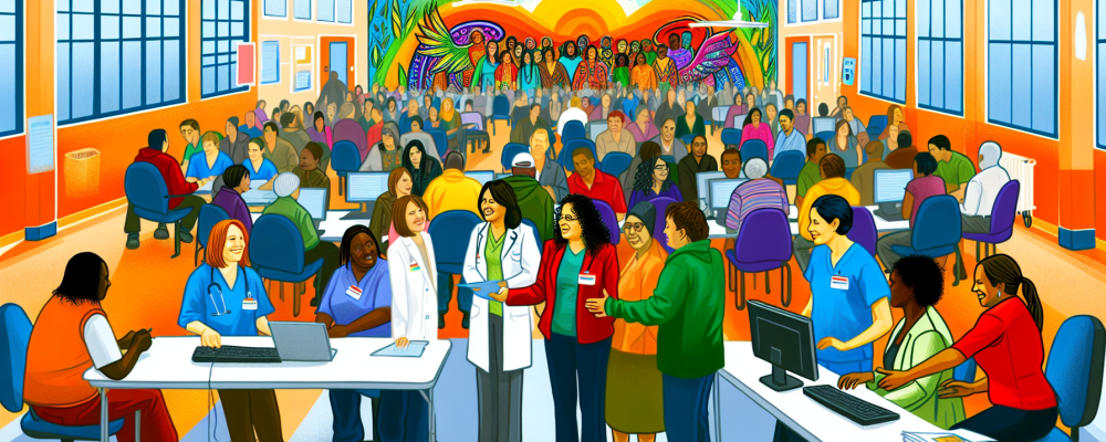 Centro de assistência social com profissionais, incluindo psicólogos, interagindo em ambiente acolhedor e inclusivo, destacando princípios do SUAS.