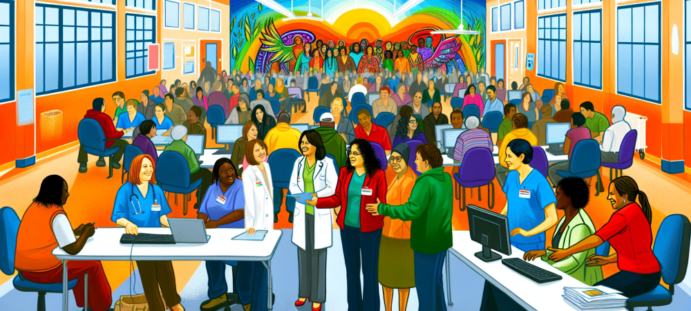 assistencia-social-suas-psicologos.webp Centro de assistência social com profissionais, incluindo psicólogos, interagindo em ambiente acolhedor e inclusivo, destacando princípios do SUAS.