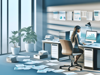 Assistente administrativo trabalhando em mesa organizada com documentos, computador e planta em escritório iluminado.