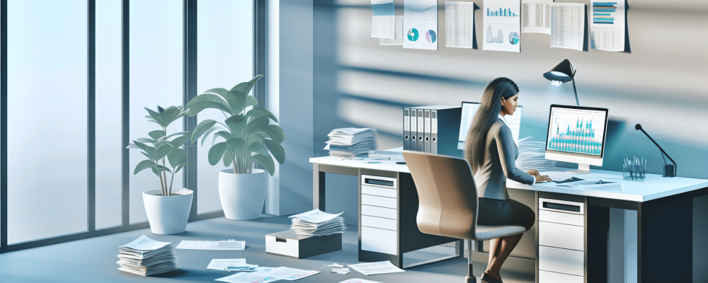 Assistente administrativo trabalhando em mesa organizada com documentos, computador e planta em escritório iluminado.