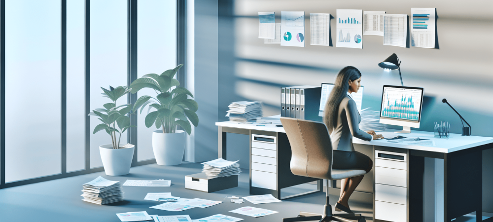 assistente-administrativo-ambiente-organizado.webp Assistente administrativo trabalhando em mesa organizada com documentos, computador e planta em escritório iluminado.