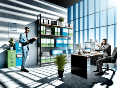 Assistente administrativo em escritório público organizando documentos, atendendo telefonema, ambiente moderno e iluminado.