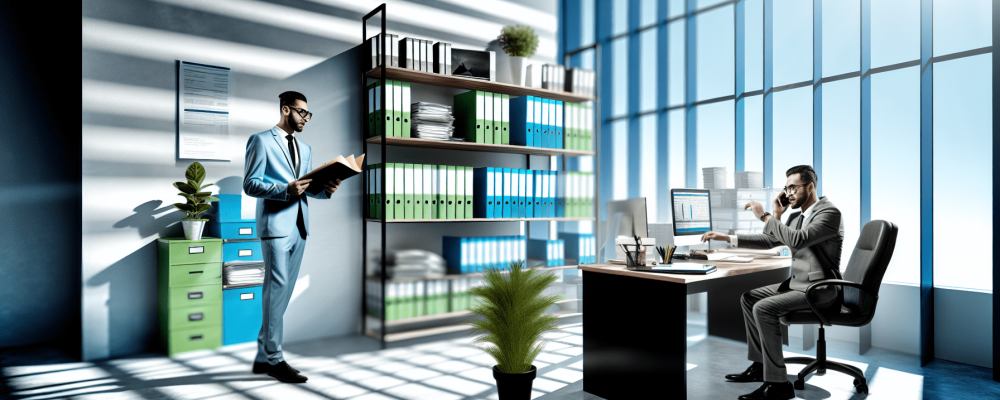 Assistente administrativo em escritório público organizando documentos, atendendo telefonema, ambiente moderno e iluminado.