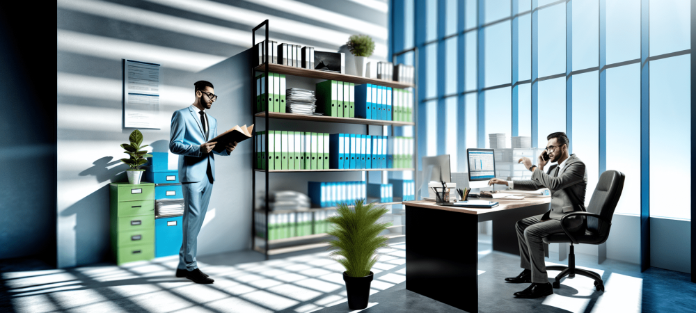assistente-administrativo-documentos-organizacao.webp Assistente administrativo em escritório público organizando documentos, atendendo telefonema, ambiente moderno e iluminado.
