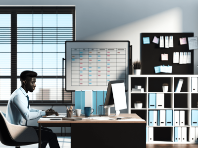 Assistente administrativo em escritório moderno, trabalhando no computador entre documentos e agenda, com luz natural.