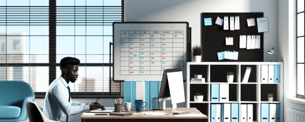 Assistente administrativo em escritório moderno, trabalhando no computador entre documentos e agenda, com luz natural.
