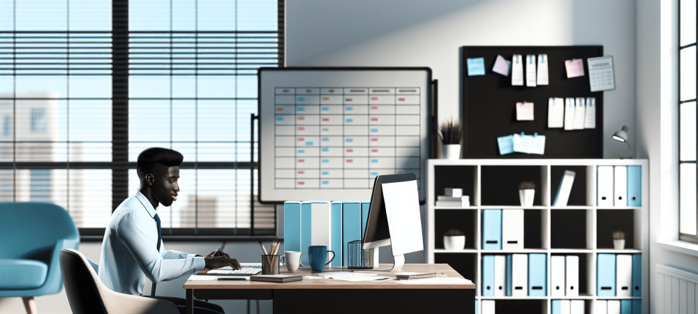 assistente-administrativo-escritorio-moderno.webp Assistente administrativo em escritório moderno, trabalhando no computador entre documentos e agenda, com luz natural.