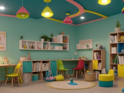 Crianças alegres envolvidas em atividades lúdicas de alfabetização em uma sala vibrante, com livros coloridos e materiais manipulativos.