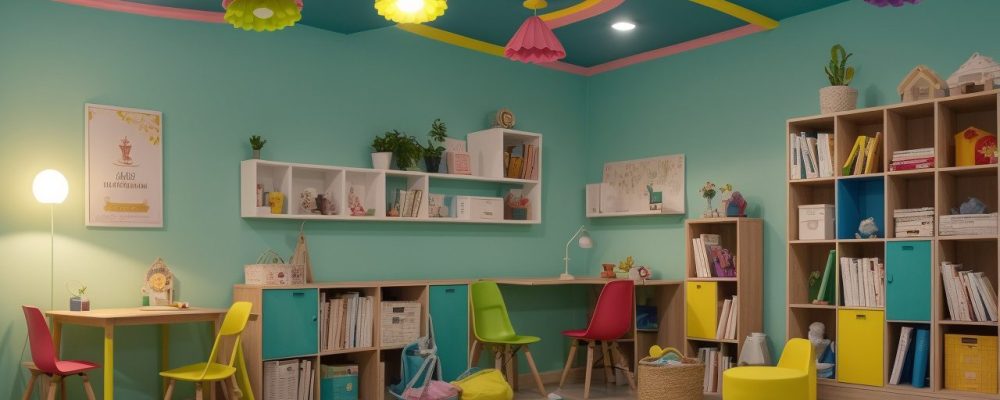 Crianças alegres envolvidas em atividades lúdicas de alfabetização em uma sala vibrante, com livros coloridos e materiais manipulativos.