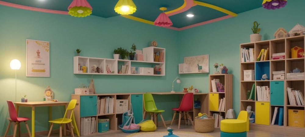 Crianças alegres envolvidas em atividades lúdicas de alfabetização em uma sala vibrante, com livros coloridos e materiais manipulativos.