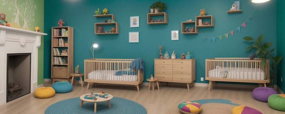 Sala de aula colorida com crianças realizando atividades lúdicas de alfabetização, cercadas por livros e materiais didáticos.