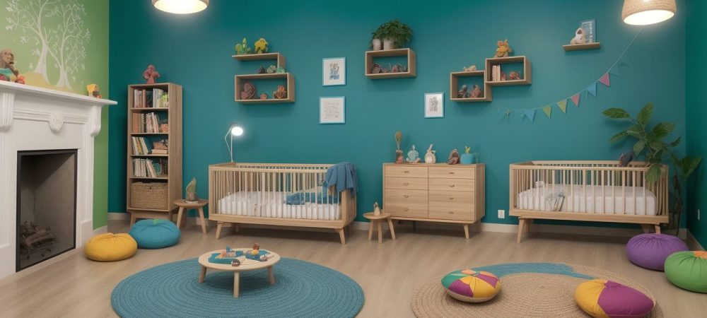 Sala de aula colorida com crianças realizando atividades lúdicas de alfabetização, cercadas por livros e materiais didáticos.