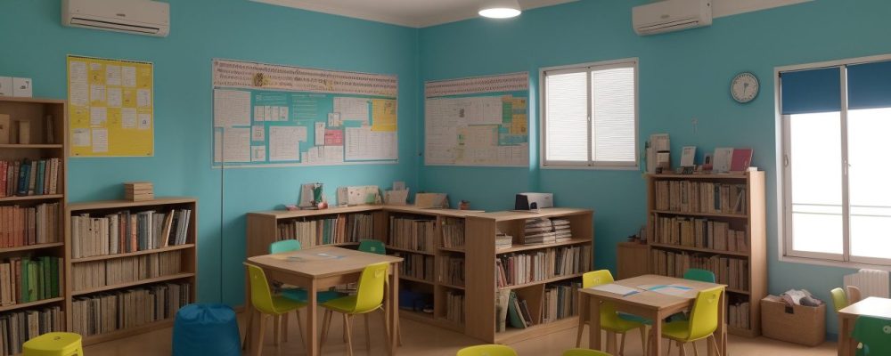 Sala de aula moderna com crianças em atividades de alfabetização e letramento, educador contando histórias.