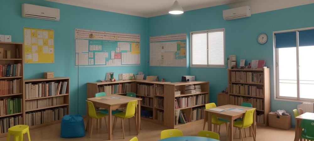 Sala de aula moderna com crianças em atividades de alfabetização e letramento, educador contando histórias.