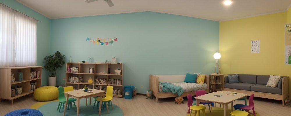 Sala de aula moderna com crianças em atividades de alfabetização e letramento, usando tecnologia e livros coloridos