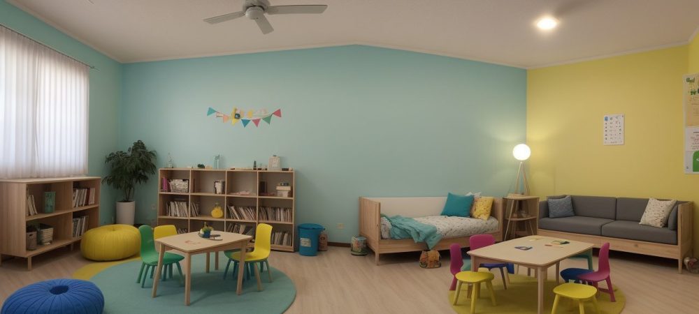 Sala de aula moderna com crianças em atividades de alfabetização e letramento, usando tecnologia e livros coloridos