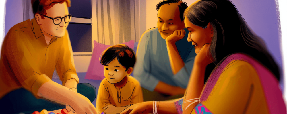 Família reunida em ambiente acolhedor assistindo o filho com autismo leve em jogos interativos vibrantes.