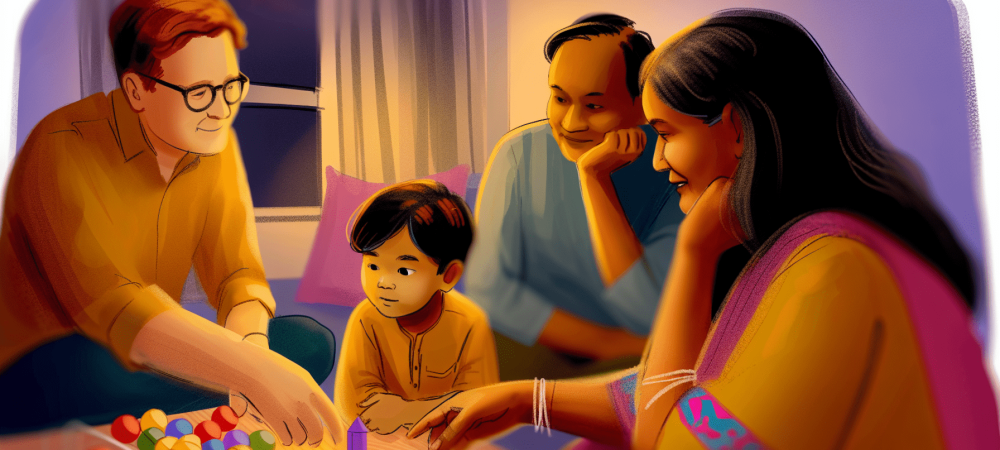 Família reunida em ambiente acolhedor assistindo o filho com autismo leve em jogos interativos vibrantes.