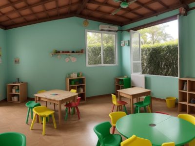 Crianças explorando uma sala de aula montessoriana vibrante, com estações de aprendizagem organizadas e materiais didáticos acessíveis.