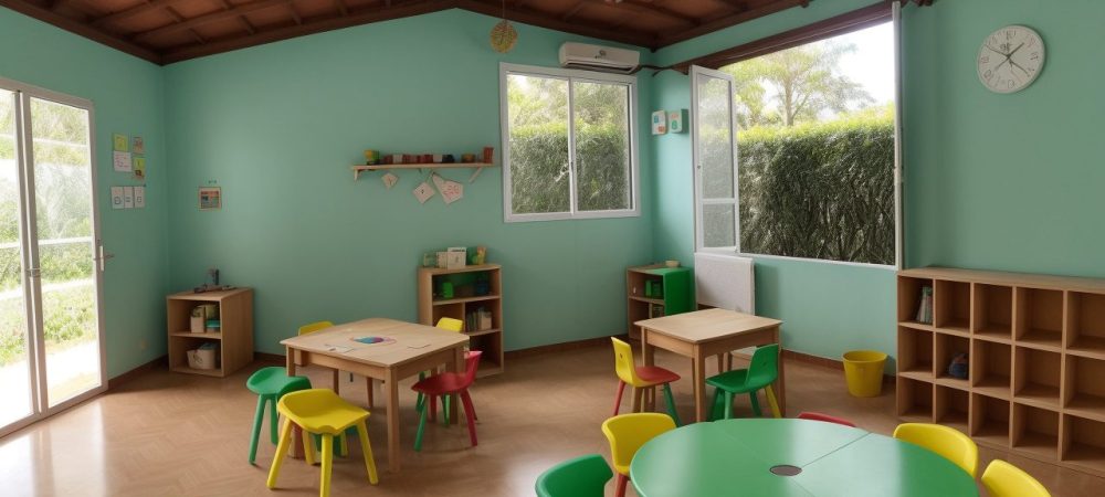 Crianças explorando uma sala de aula montessoriana vibrante, com estações de aprendizagem organizadas e materiais didáticos acessíveis.