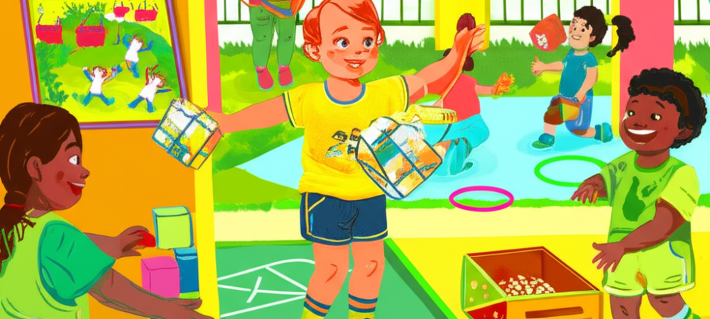 Crianças em atividades lúdicas na educação infantil, brincando e aprendendo juntas com materiais simples