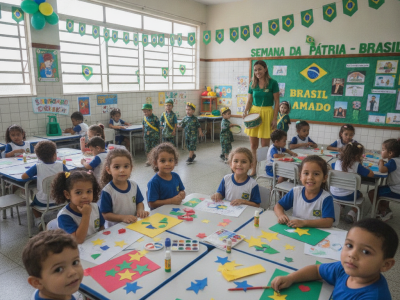 Crianças realizando atividades lúdicas com temas da Semana da Pátria