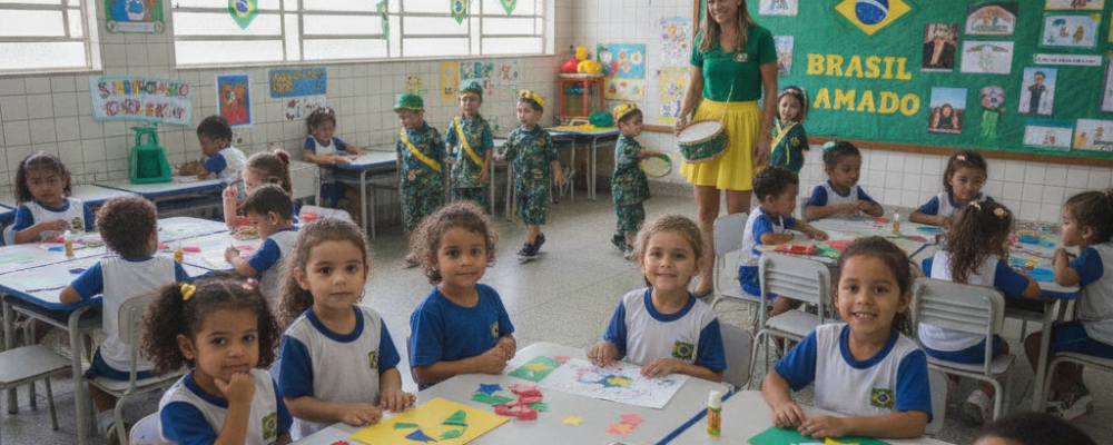 Crianças realizando atividades lúdicas com temas da Semana da Pátria