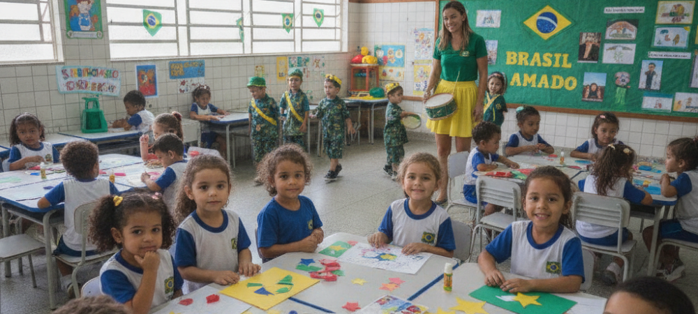 Crianças realizando atividades lúdicas com temas da Semana da Pátria