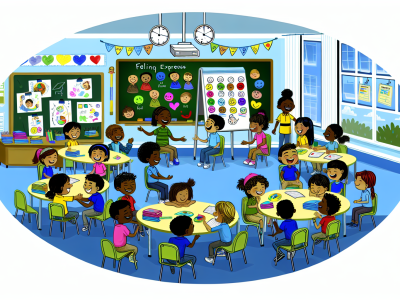 Crianças com transtorno desafiador opositivo colaboram em sala de aula vibrante e inclusiva.