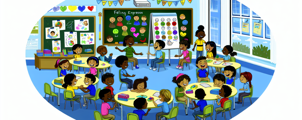 Crianças com transtorno desafiador opositivo colaboram em sala de aula vibrante e inclusiva.