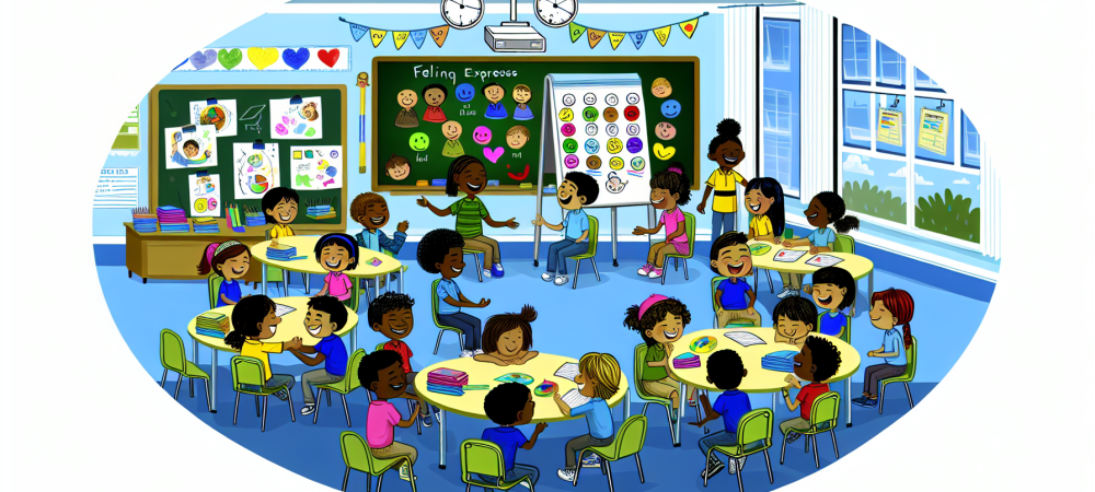 Crianças com transtorno desafiador opositivo colaboram em sala de aula vibrante e inclusiva.