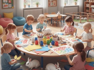 Crianças realizando atividades lúdicas com tema de coelho na educação infantil.