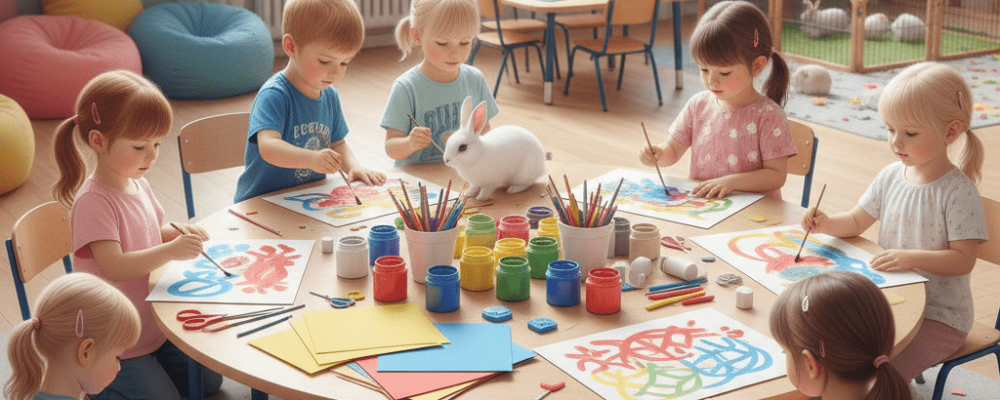 Crianças realizando atividades lúdicas com tema de coelho na educação infantil.
