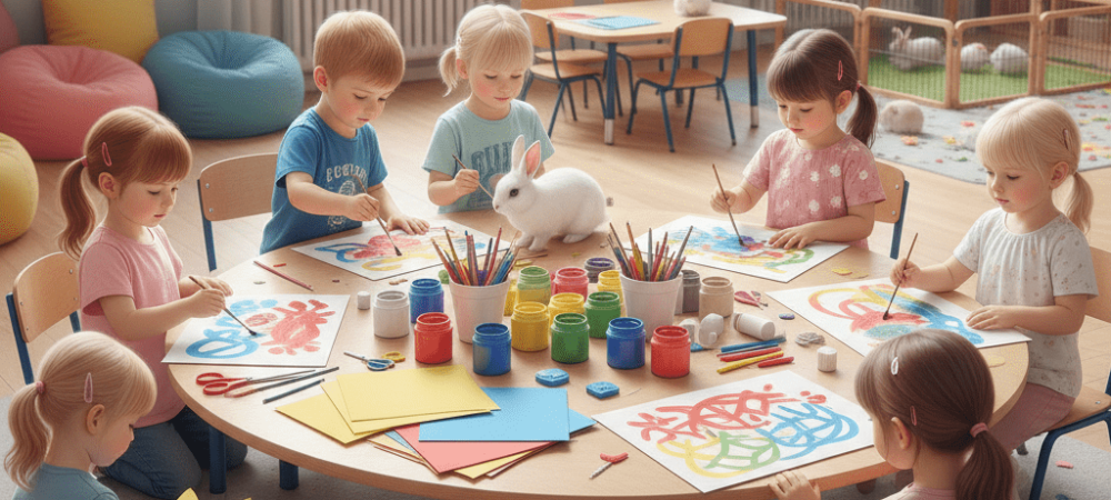Crianças realizando atividades lúdicas com tema de coelho na educação infantil.