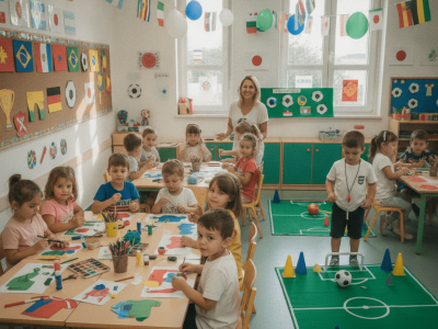 Crianças participando de atividades lúdicas inspiradas na Copa do Mundo.