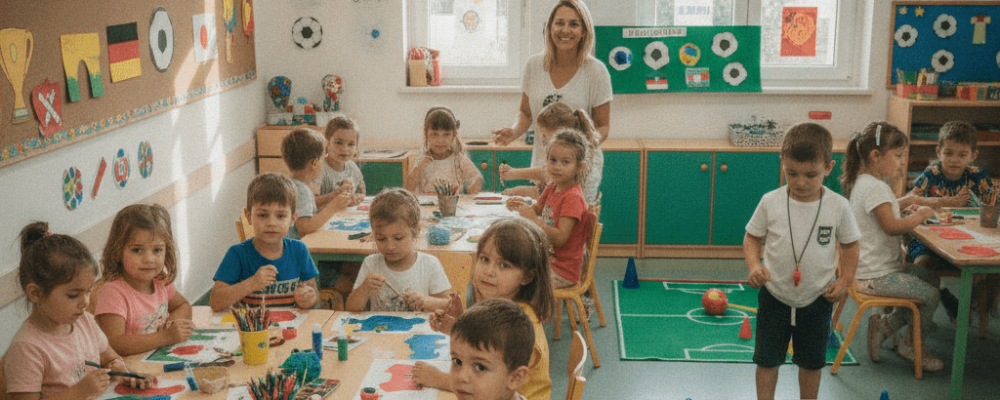 Crianças participando de atividades lúdicas inspiradas na Copa do Mundo.