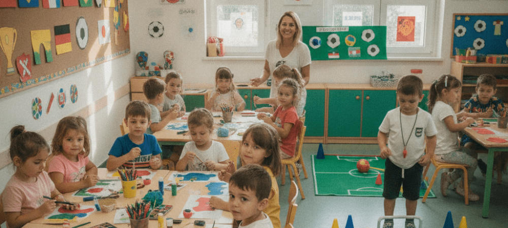 Crianças participando de atividades lúdicas inspiradas na Copa do Mundo.