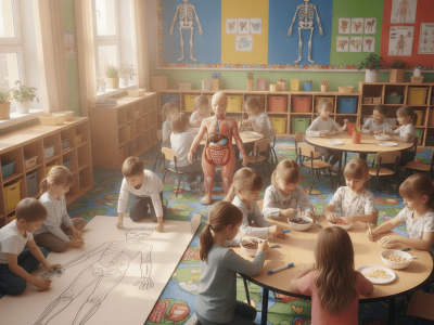 Crianças brincando e aprendendo sobre o corpo humano na educação infantil