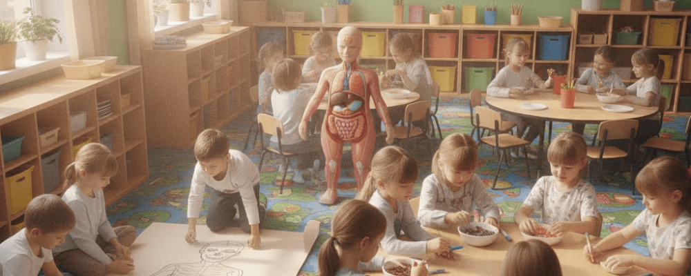 Crianças brincando e aprendendo sobre o corpo humano na educação infantil