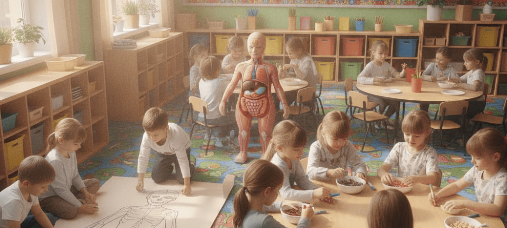 Crianças brincando e aprendendo sobre o corpo humano na educação infantil