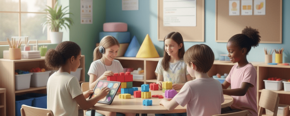 Crianças em sala de aula participando de atividades inclusivas para autismo.