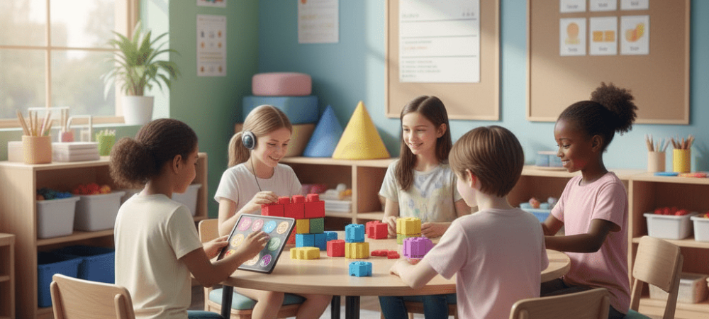 Crianças em sala de aula participando de atividades inclusivas para autismo.