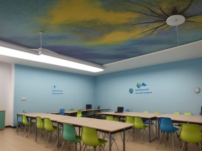 Estudantes aprendendo inglês online em sala de aula moderna com tecnologia interativa, simbolizando a jornada de aprendizado.