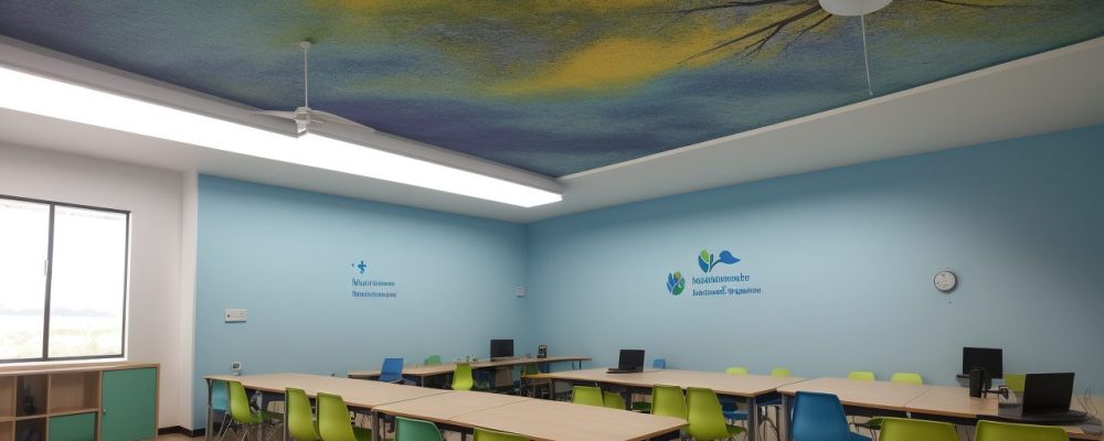 Estudantes aprendendo inglês online em sala de aula moderna com tecnologia interativa, simbolizando a jornada de aprendizado.